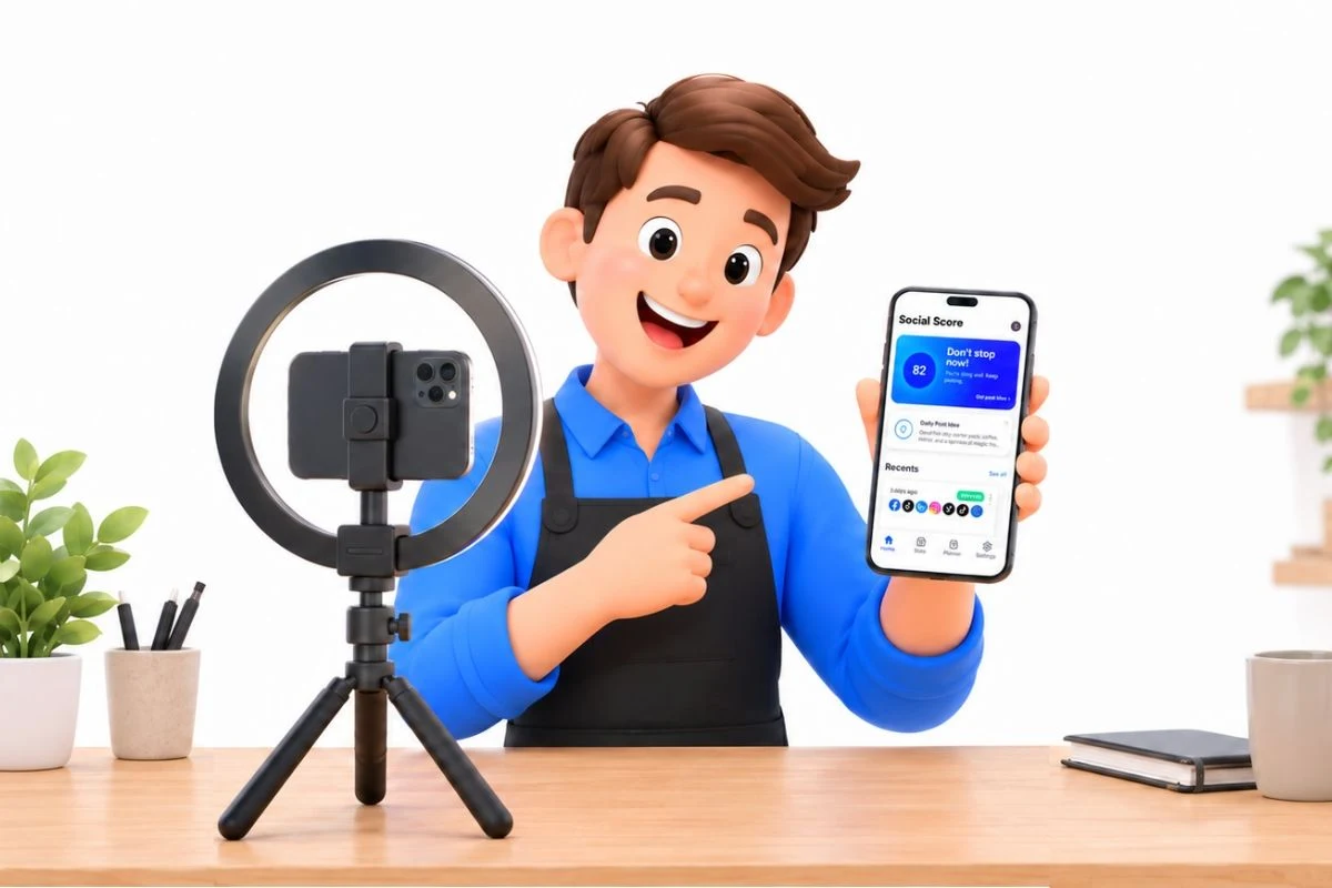A shop owner films a video about the Hookle app with his phone on a tripod